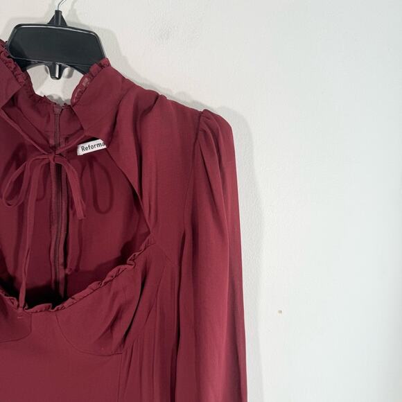 NWT Reformation Vivianne Maroon Sweetheart Tie Neck Long Sleeve Mini Dress 8 - Picture 5 of 15
